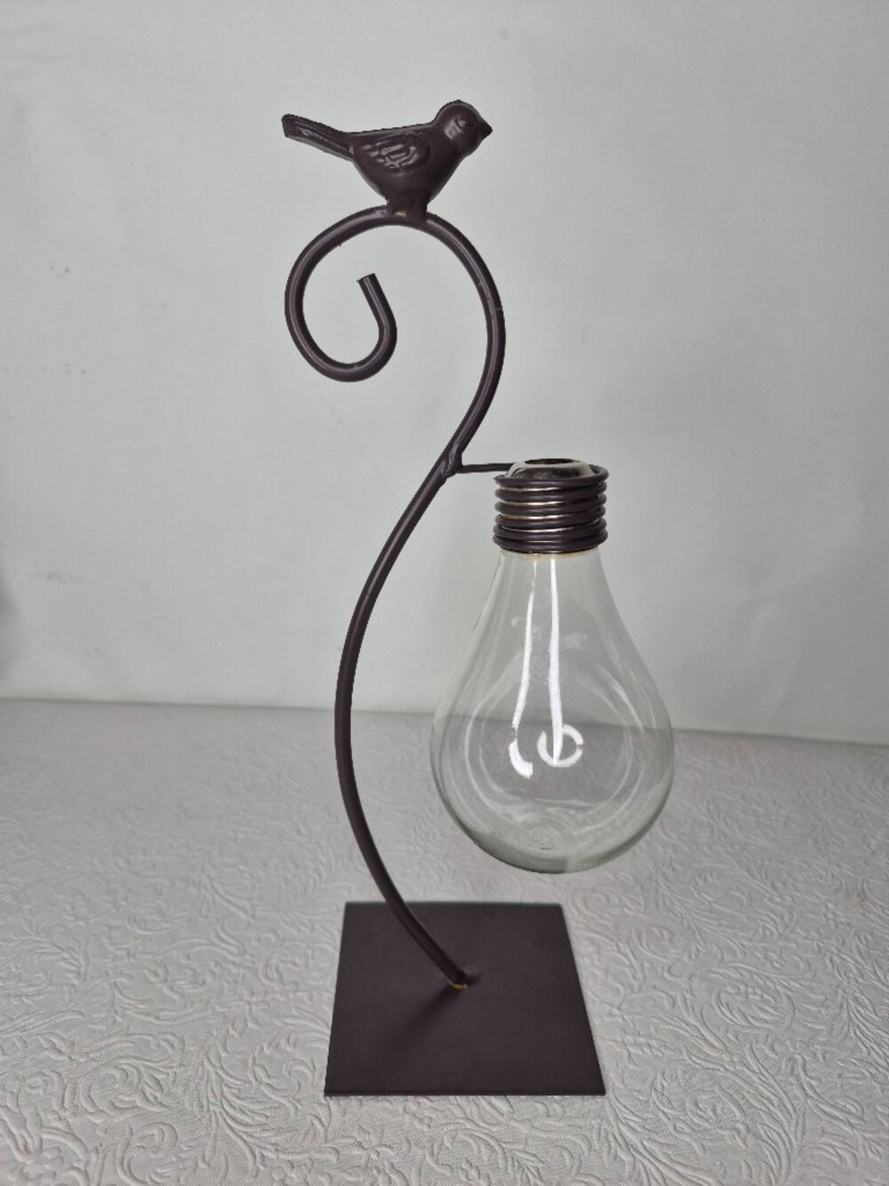 Metal Desktop Bird Ampoule Hanging Glass Light Bulb Hydroponic Bud Vase 10" Brow
